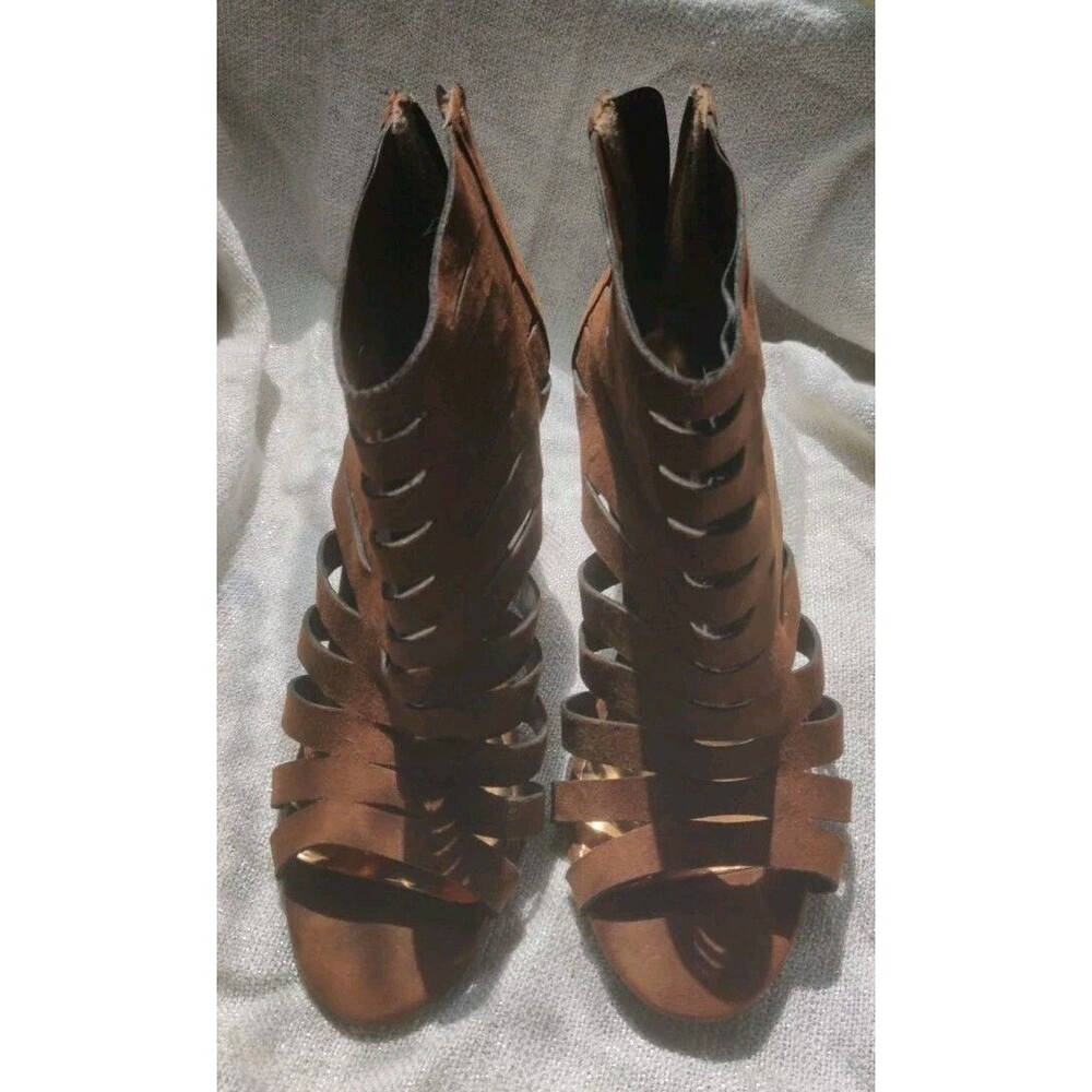 Carlos Santana Polly Faux Suede Brwn Heels Strappy Cut Out Booties Sandal Sz 9.5